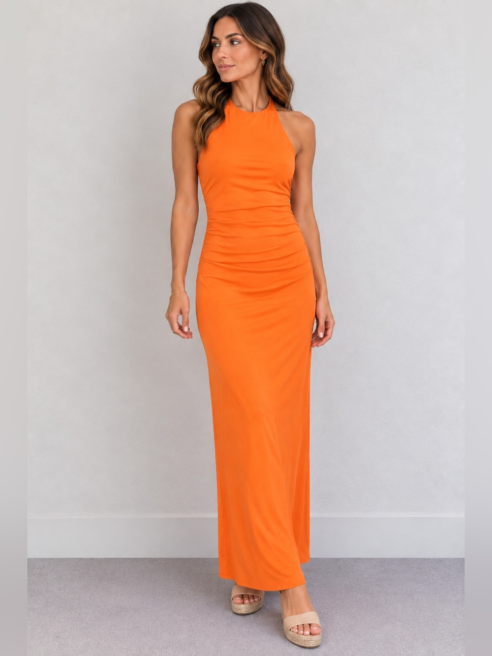 Zara Open Back Halter Orange Maxi Dress size XS